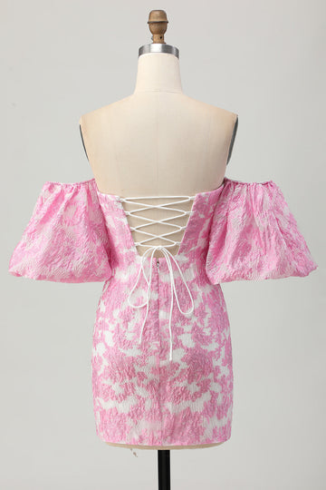 Pink Floral Off the Shoulder Short Prom Dress with Detachable Sleeves